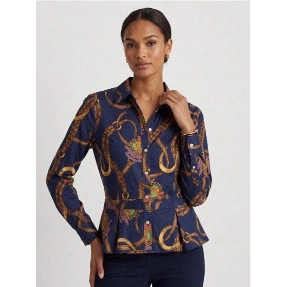 Lauren Ralph Lauren Navy Equestrian Belt Print Peplum Button Up Blouse 10P EUC